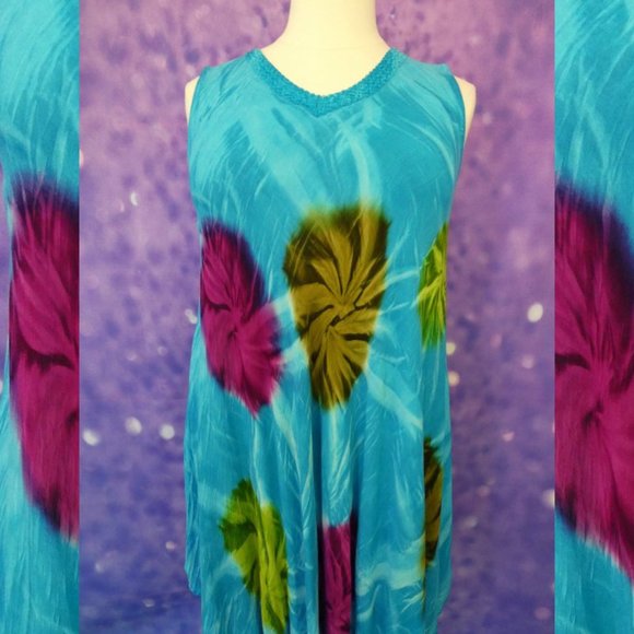 Turquoise Tie Dye V Neck Indian Dress Free Size - Picture 3 of 7
